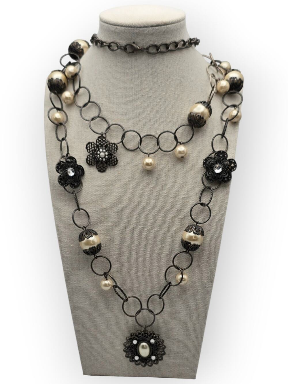 Black Filigree Pearl Floral Layered Necklace Long Double Strand Victorian Gothic